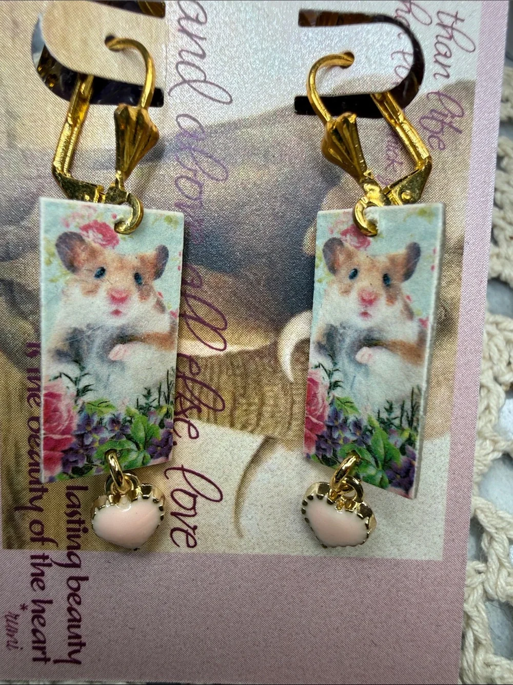 Floral Hamster Rectangle Dangle artboard Earrings in Gold
